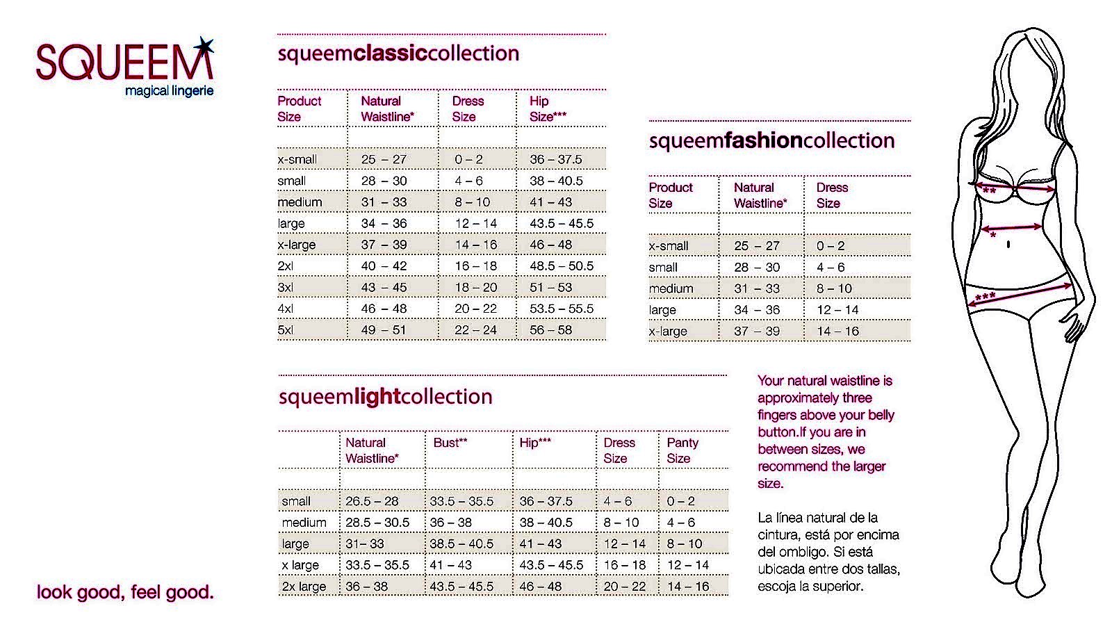 Squeem sizing chart with detailed measuements