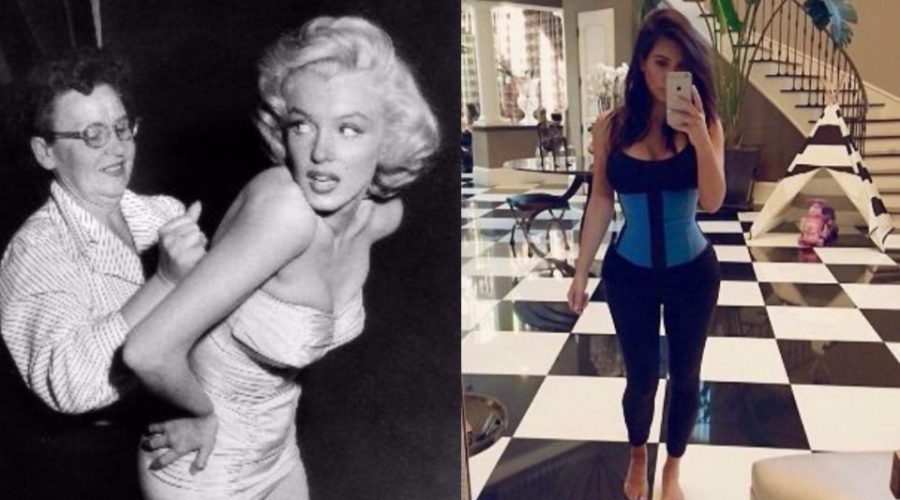 corsets vs. waist trainers- Marilyn Monroe with a corset being tightened and kim kardashian with her waist trainer on taking a selfie