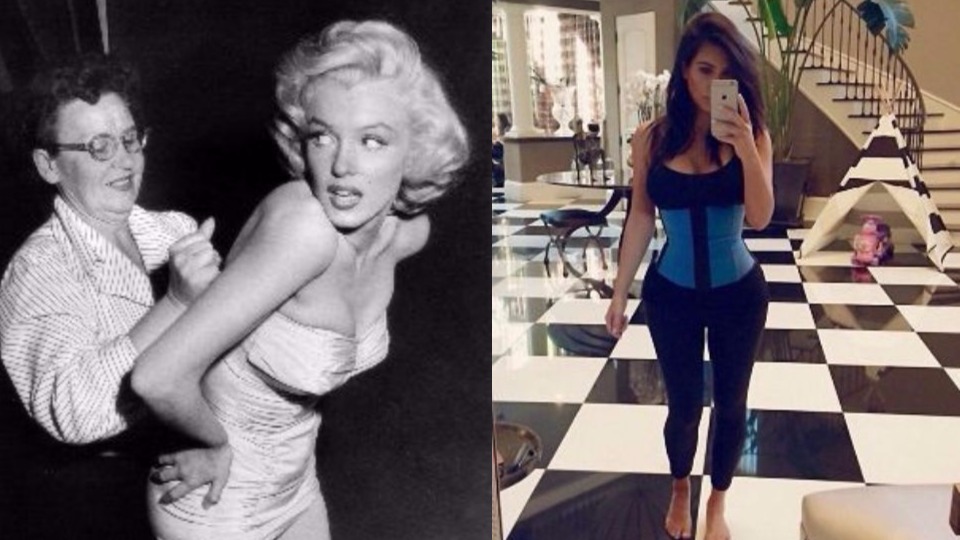 corsets vs. waist trainers- Marilyn Monroe with a corset being tightened and kim kardashian with her waist trainer on taking a selfie